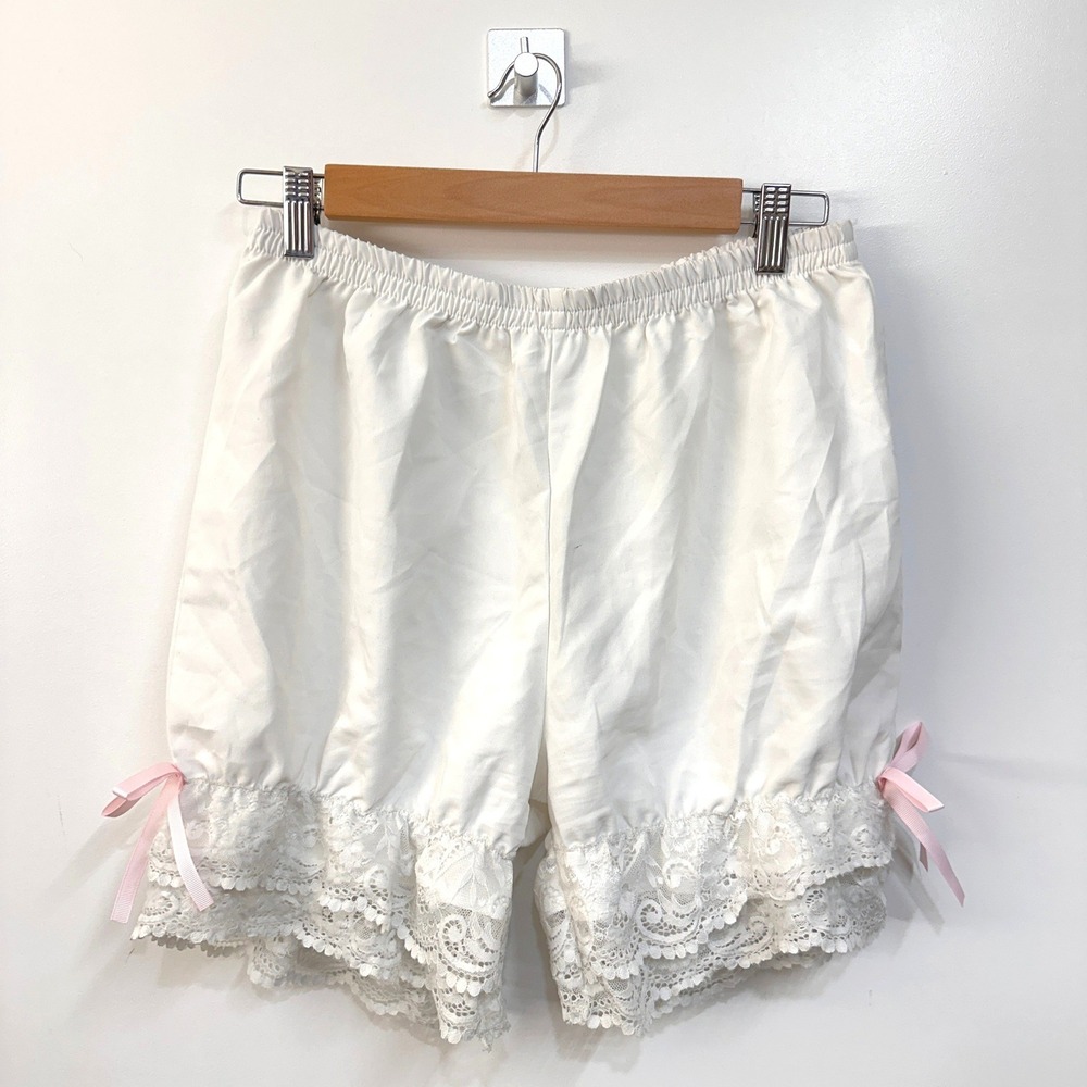 White Lace Trim Bloomers Shorts with Pink Bows Lolita Cottagecore Size M